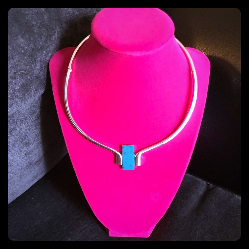 Vintage Turquoise Stone Silver Hinged Collar Necklace Statement Choker Adjust - Picture 2 of 4